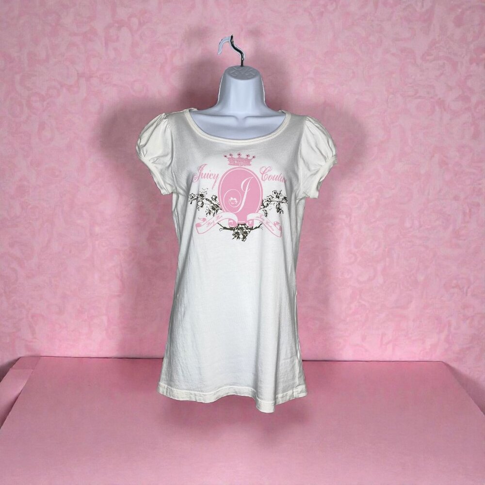 Vintage Juicy Couture White Graphic Puff Sleeve Tee Pink Crest Logo Size M